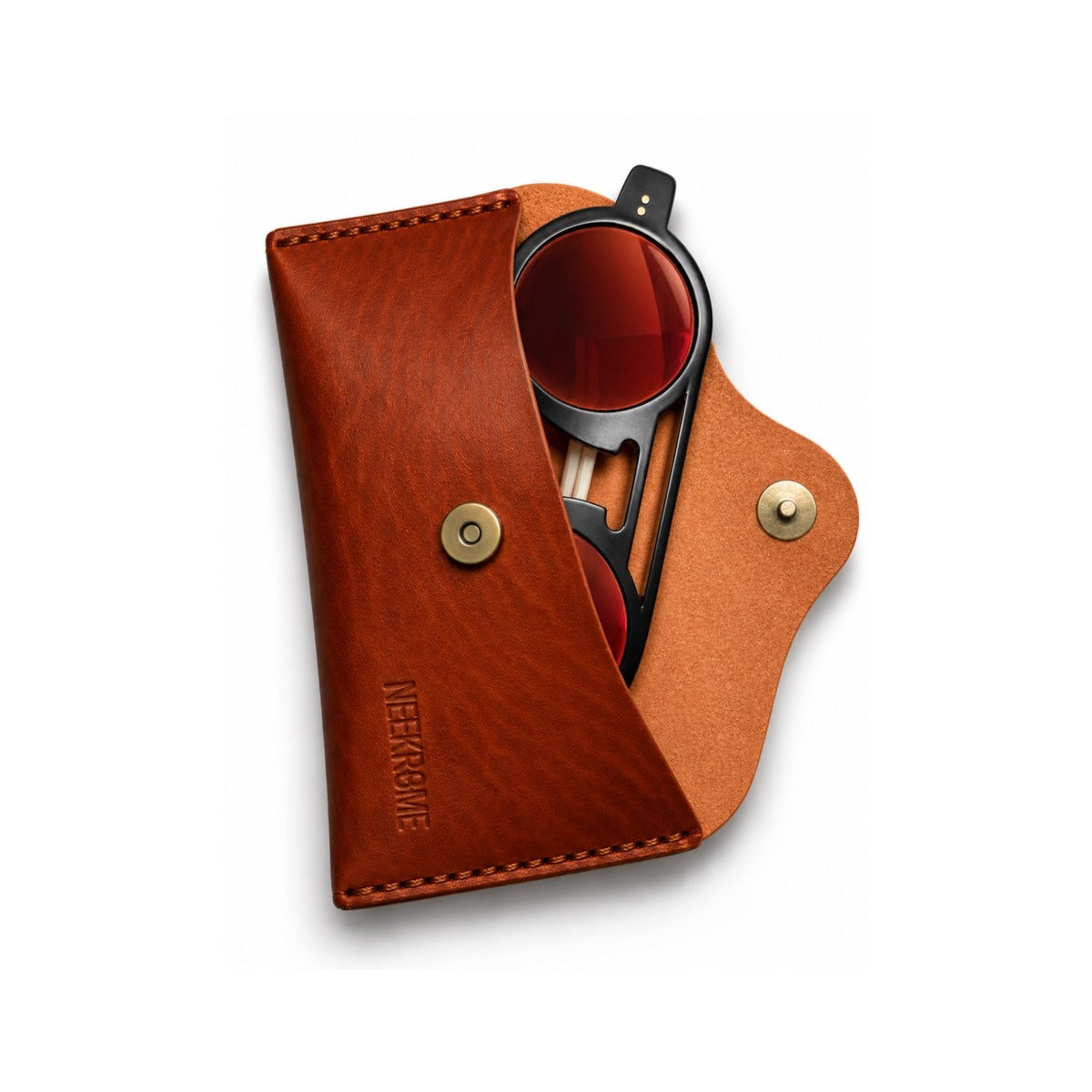 Étui à lunettes NEEKROME en cuir cognac avec lunettes
