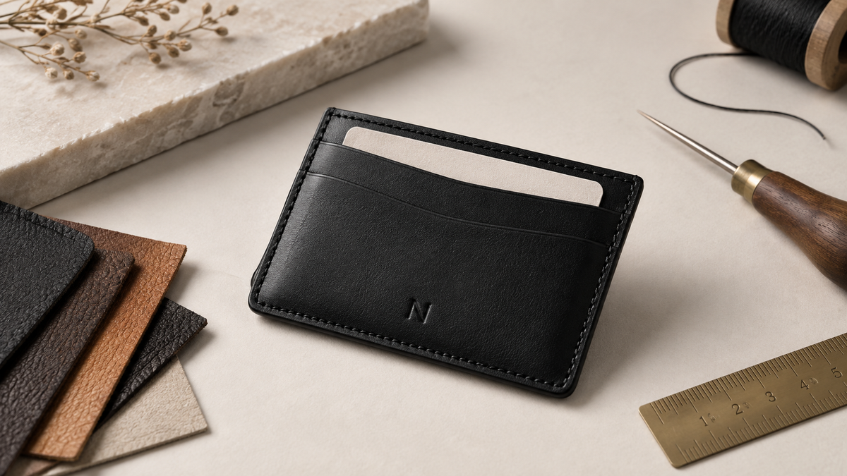 Porte-cartes en cuir noir NEEKROME avec outils de maroquinerie artisanale