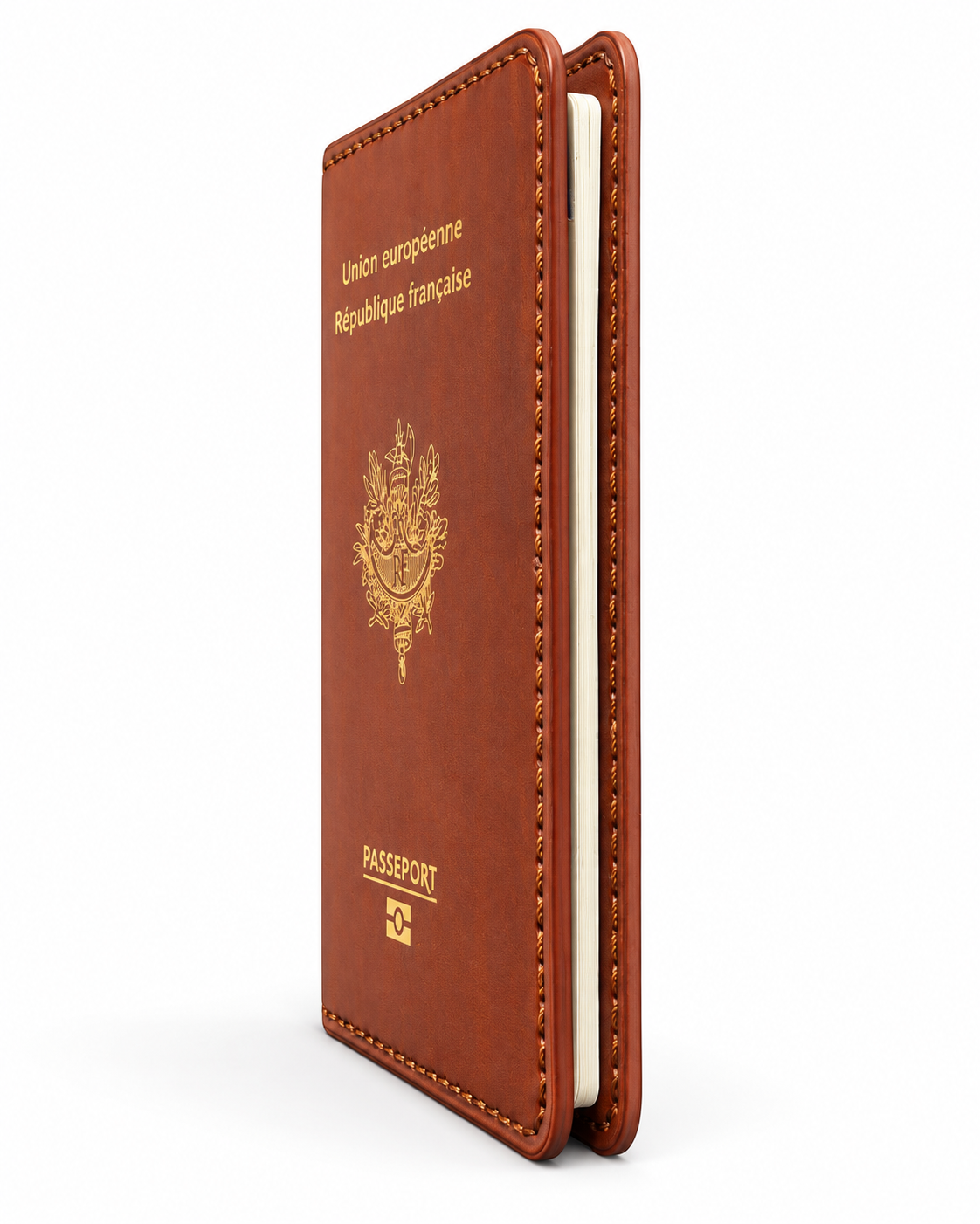 Étui porte-passeport NEEKROME en cuir cognac, vue de profil
